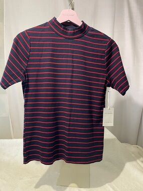 Striped Mock Neck Short Sleeve Tee in Navy & Red